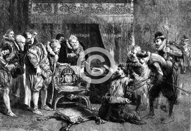 The Gunpowder Plot: Guy Fawkes being interrogated by James I. and his council in the King's..., 1861 Creator: Unknown.