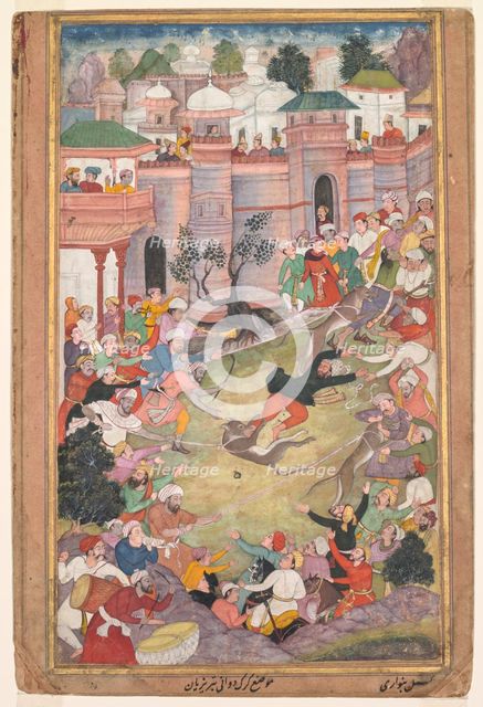 The game of wolf-running in Tabriz, from an Akbar-nama (Book of Akbar), c. 1595-1600. Creator: Banwari (Indian, active c. 1558-1600).