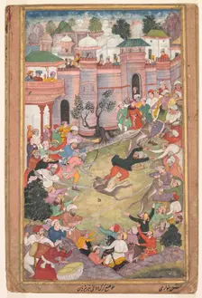 The game of wolf-running in Tabriz, from an Akbar-nama (Book of Akbar), c. 1595-1600. Creator: Banwari (Indian, active c. 1558-1600)
