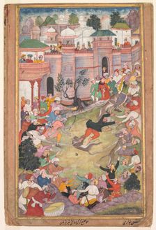 The game of wolf-running in Tabriz, from an Akbar-nama (Book of Akbar), c. 1595-1600. Creator: Banwari (Indian, active c. 1558-1600)
