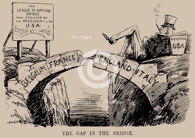 The Gap in the Bridge. Cartoon on the absence of the USA in the League of Nations, Dec 1919. Creator: Raven-Hill, Leonard (1867-1942).