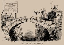 The Gap in the Bridge. Cartoon on the absence of the USA in the League of Nations, Dec 1919. Creator: Raven-Hill, Leonard (1867-1942)