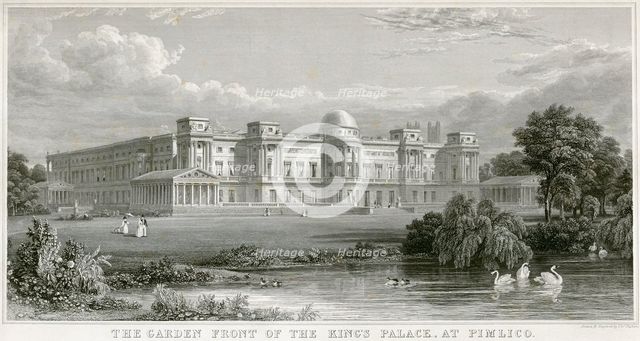 'The Garden Front of the King's palace at Pimlico' (Buckingham Palace, London), 1829. Artist: Thomas Higham.