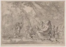 The garden of charity, woman representing Charity at right surrounded by children, ..., ca. 1631-37. Creator: Pietro Testa