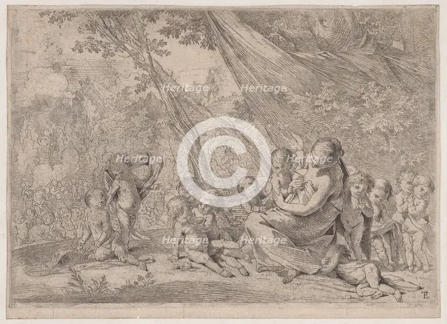 The garden of charity, woman representing Charity at right surrounded by children, ..., ca. 1631-37. Creator: Pietro Testa.