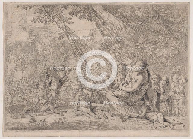 The garden of charity, woman representing Charity at right surrounded by children, ..., ca. 1631-37. Creator: Pietro Testa.