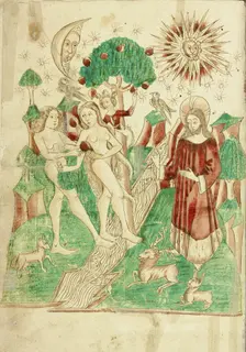 The Garden of Eden and Adam and Eve Eating the Forbidden Fruit; Barlaam und Josaphat, 1469. Creators: Hans Schilling, Diebolt Lauber
