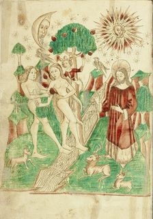 The Garden of Eden and Adam and Eve Eating the Forbidden Fruit; Barlaam und Josaphat, 1469. Creators: Hans Schilling, Diebolt Lauber