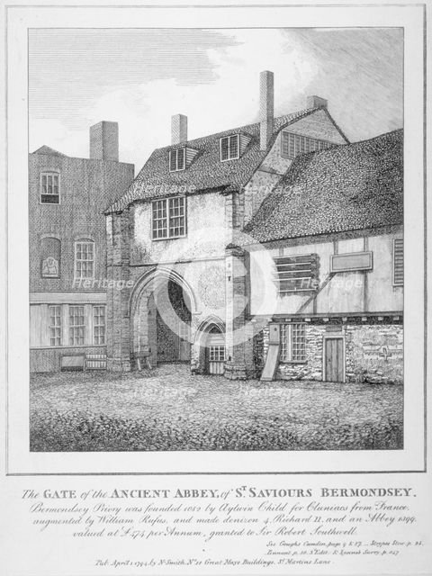 The gate to the Abbey of St Saviour, Bermondsey, Southwark, London, 1794. Artist: Anon
