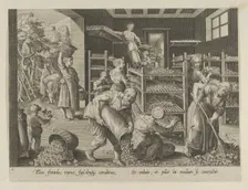 The Gathering of Mulberry Leaves and the Feeding of the Silkworms, Plate 5 from "The I..., ca. 1595. Creator: Karel van Mallery