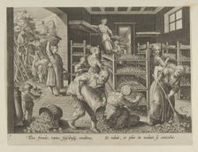 The Gathering of Mulberry Leaves and the Feeding of the Silkworms, Plate 5 from "The I..., ca. 1595. Creator: Karel van Mallery