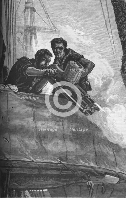 'The Gatling Gun as used in the British Navy', c1880. Artist: Unknown.