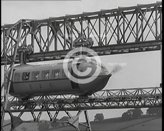 The George Bennie Railplane Driven by a Propeller at Each End Moving Along a Suspended Mono..., 1931 Creator: British Pathe Ltd.