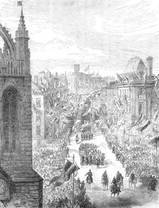 The George Stephenson Centenary at Newcastle-On-Tyne: procession passing St. Nicholas Church, 1881. Creator: Unknown