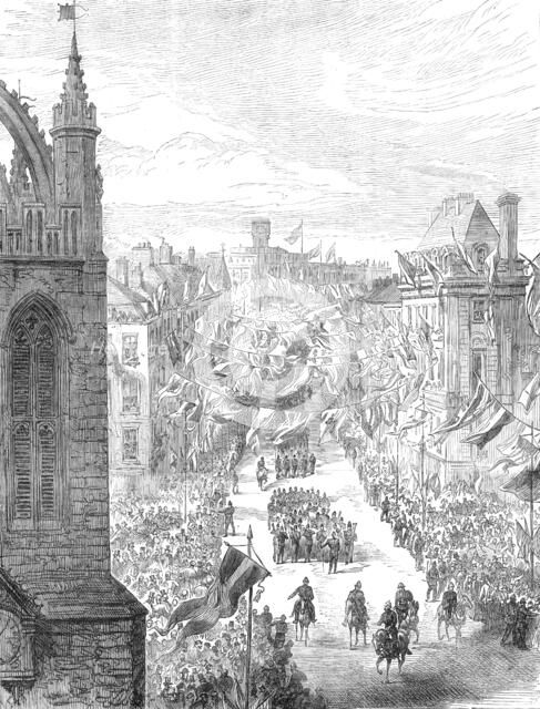 The George Stephenson Centenary at Newcastle-On-Tyne: procession passing St. Nicholas Church, 1881. Creator: Unknown.
