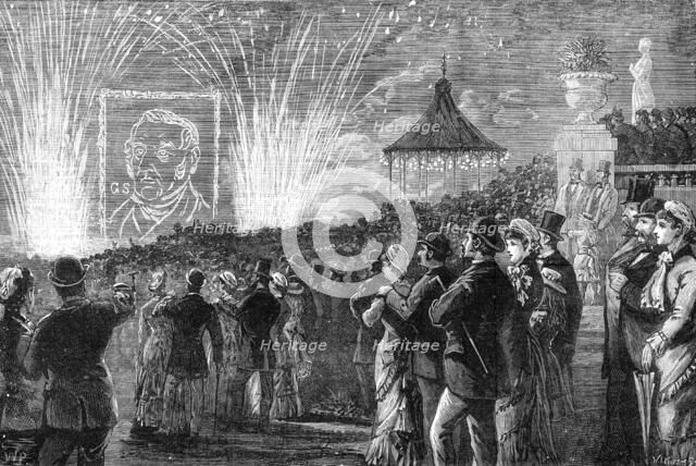 The George Stephenson Centenary Festival: firework display in Leazes Park, Newcastle-on-Tyne, 1881. Creator: W. P..