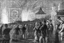 The George Stephenson Centenary Festival: firework display in Leazes Park, Newcastle-on-Tyne, 1881. Creator: W. P.