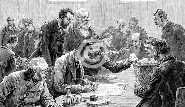 The General Election: counting the votes at the Southwark election, 1880. Creator: W. I. Mosses.