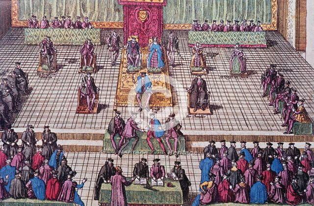 The General States of Orleans in 1561, Charles IX on the throne with the Queen Mother, engraving.
