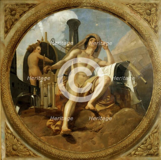 The Genius of Steam on Earth (Ceiling painting, Salle des Pas perdus) , 1839-1847. Creator: Vernet, Horace (1789-1863).