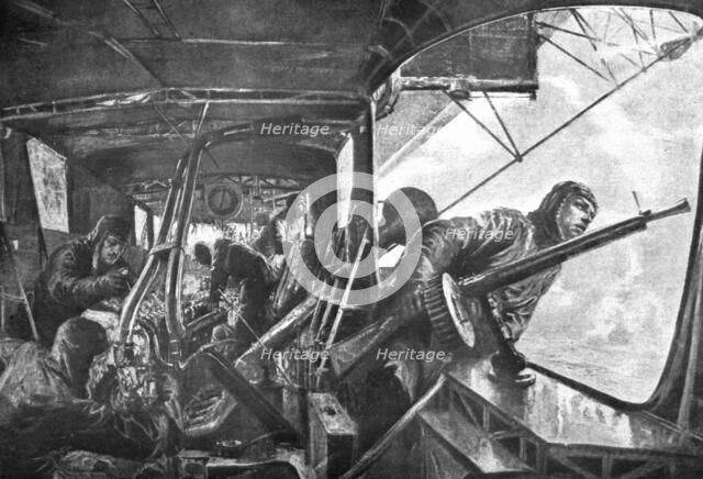 The German Air Fleet; On board a zeppelin: in the rear, under attack by Allied planes..., 1917. Creator: Unknown.