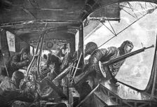 The German Air Fleet; On board a zeppelin: in the rear, under attack by Allied planes..., 1917. Creator: Unknown