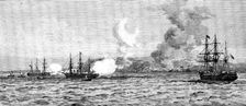 The Germans in East Africa - the Carola and Schwalbe bombarding Kilwa, May 3., 1890. Creator: Josiah Robert Wells