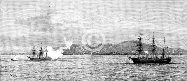 The Germans in East Africa - the Corvette Carola shelling Kilwa Kivinje, May 1., 1890. Creator: Josiah Robert Wells.