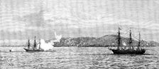 The Germans in East Africa - the Corvette Carola shelling Kilwa Kivinje, May 1., 1890. Creator: Josiah Robert Wells