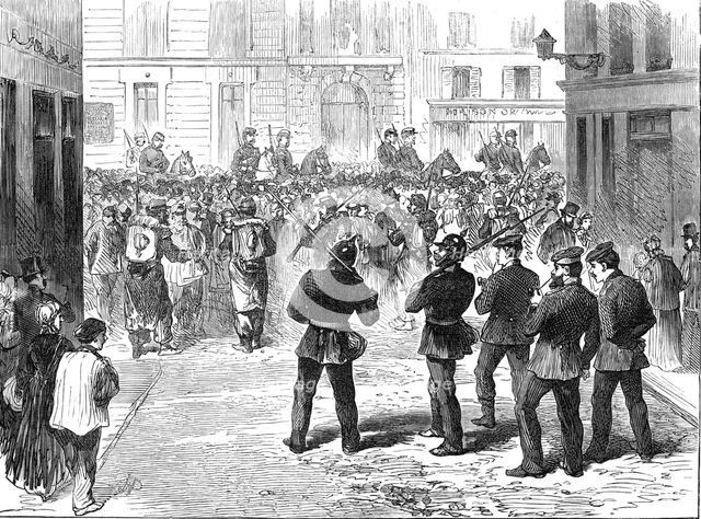 The Germans in Paris: the line of demarcation, French and Prussian sentries, rue du Colisée, 1871. Creator: Unknown.