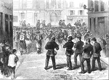 The Germans in Paris: the line of demarcation, French and Prussian sentries, rue du Colisée, 1871. Creator: Unknown