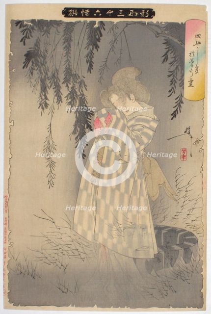 The ghost of Okiku at Sarayashiki. (From the series New Forms of Thirty-six Ghosts), 1890. Artist: Yoshitoshi, Tsukioka (1839-1892)