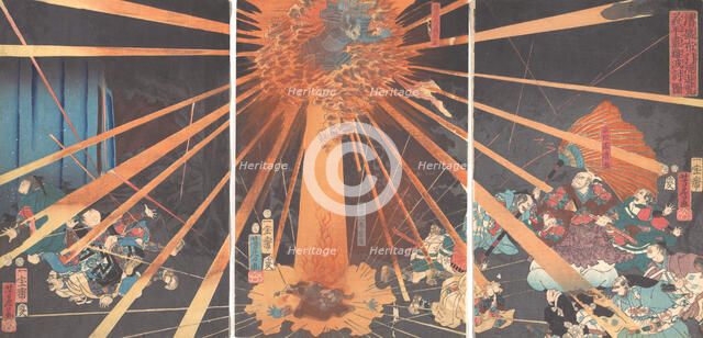 The Ghost of Akugenta Taking Revenge on Nanba at the Nunobiki Waterfall, 1856, 2nd month. Creator: Utagawa Yoshifusa.