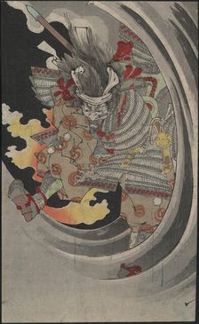 The ghost of the general Taira no Tomomori crashing through waves at Nunobiki Waterfall, 1889. Creator: Yoshitoshi, Tsukioka (1839-1892)
