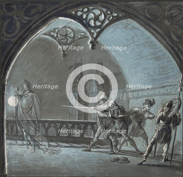 The Ghost of the King Appearing to Hamlet, Horatio and Guards..., 19th century. Creator: Anon.