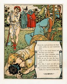 The giant breaks his neck from The Blue Beard Picture Book, pub. 1879 (colour lithograph), 1879. Creator: Walter Crane (1845 - 1915)