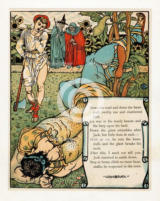 The giant breaks his neck', from The Blue Beard Picture Book, pub. 1879 (colour lithograph), 1879. Creator: Walter Crane (1845 - 1915).