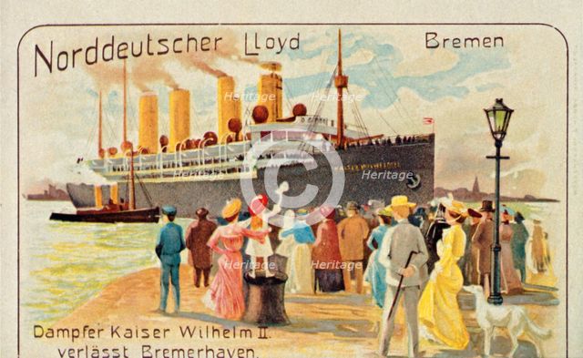 The giant SS 'Kaiser Wilhelm II' pulls away from the quayside at Bremerhaven, Germany, 1905. Creator: Unknown.