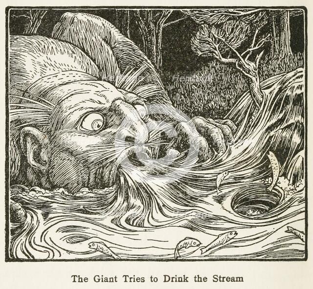 The Giant Tries to Drink the Stream, from Europa's Fairy Book, pub. 1916. Creator: John Dickson Batten (1860 - 1932).