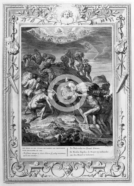 The giants attempt to scale Heaven by piling mountains upon one another, 1733. Artist: Bernard Picart
