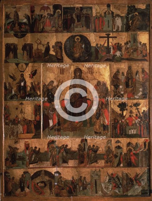 The Glorification of the Virgin (Akathist Hymn to the Most Holy Theotokos), 14th century. Artist: Russian icon  