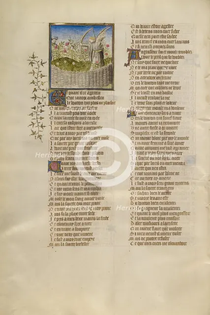 The God of Love Aiming an Arrow at the Lover; Roman de la Rose, about 1405. Creator: Unknown.