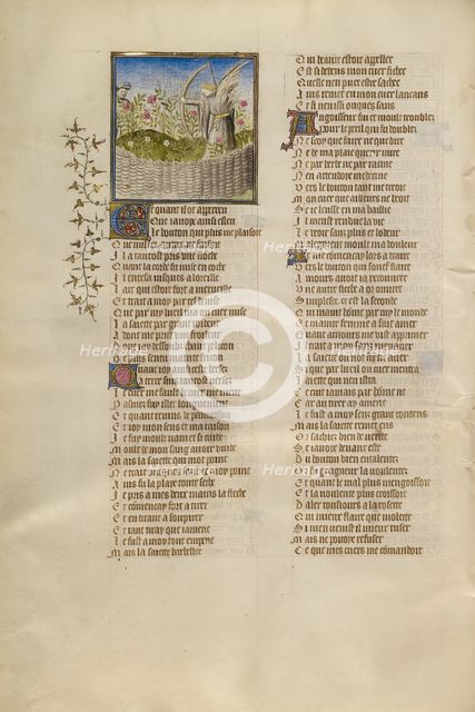 The God of Love Aiming an Arrow at the Lover; Roman de la Rose, about 1405. Creator: Unknown.