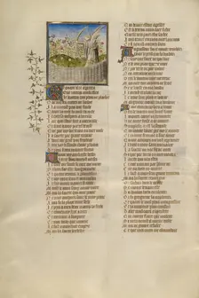 The God of Love Aiming an Arrow at the Lover; Roman de la Rose, about 1405. Creator: Unknown