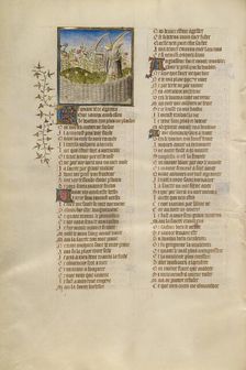 The God of Love Aiming an Arrow at the Lover; Roman de la Rose, about 1405. Creator: Unknown