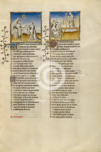 The God of Love Giving a Crosier and a Miter to Genius: Genius Reading a Scroll..., about 1405. Creator: Unknown.