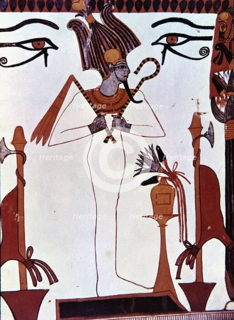The god Osiris scepter and whip Chapel fresco Sennutam.