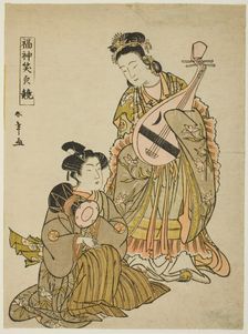 The Goddess Benten Holding a Biwa and a Young Man Holding a Shoulder Drum..., late 1780s. Creator: Shunsho