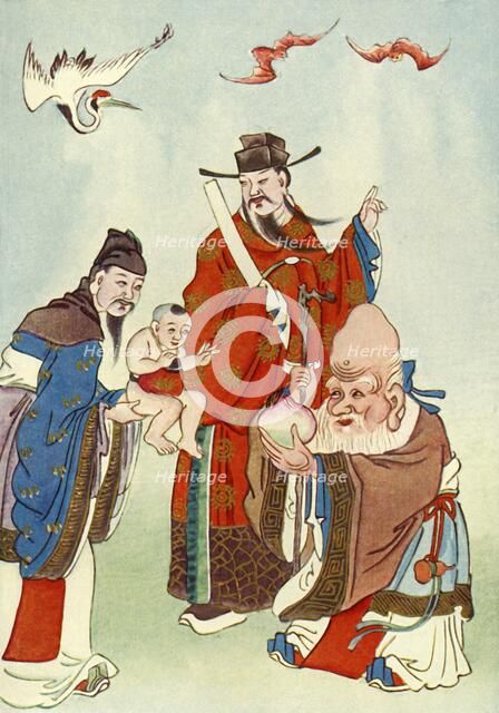 'The Gods of Happiness, Office, and Longevity', 1922. Creator: Unknown.