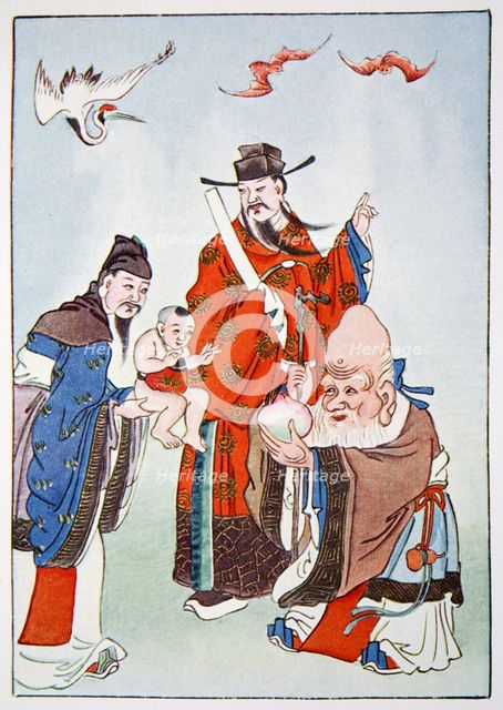 The Gods of Happiness, Office and Longevity, 1922.  Creator: Unknown.